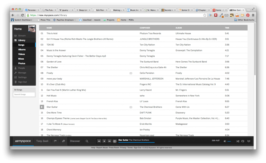 Screenshot of the new.myspace.com music library