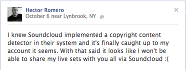 Hector Romero Facebook Wall Post about SoundCloud and Audible Magic