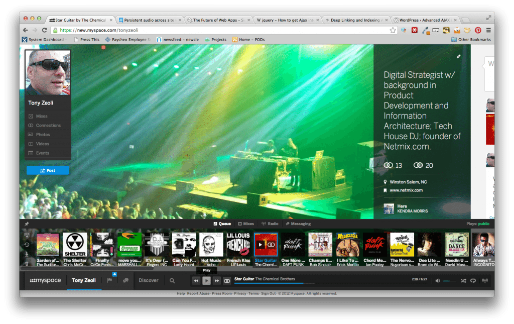 new.MySpace page with audio player experience as of 1/13/13