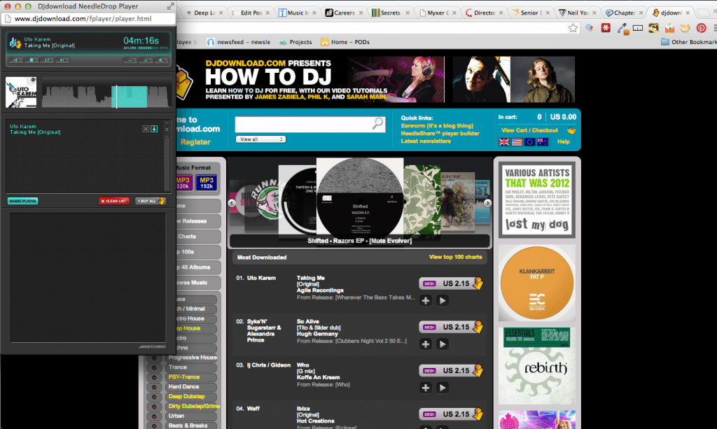 Screenshot of DJDownload.com and its accompanying audio player