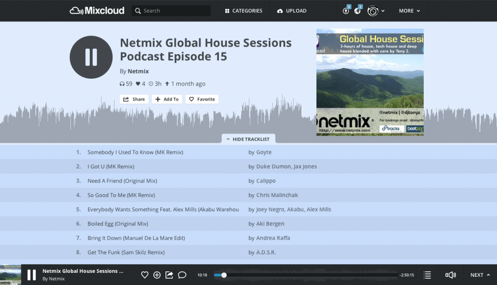 MixCloud Netmix page track listings revealed on click
