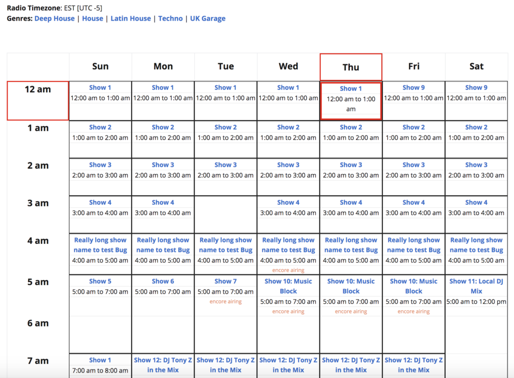 Screenshot of Radio Station Main Show Calendar View
