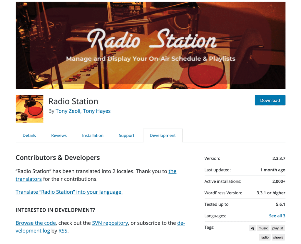 Radio Station WordPress.org plugin page displays 2000+ active installs