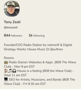 Tony Zeoli's Clubhouse short profile displaying Clubhouse App profile page with User Name